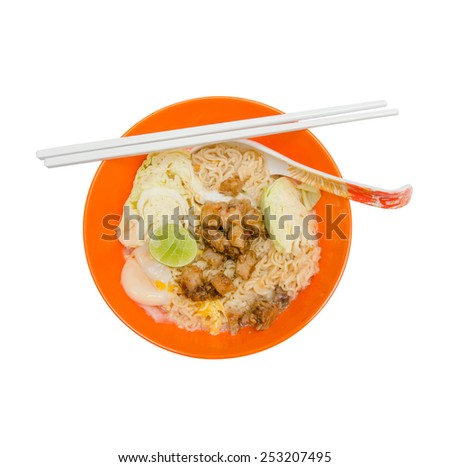 Cooked  instant Noodle in orange bowl on the white background