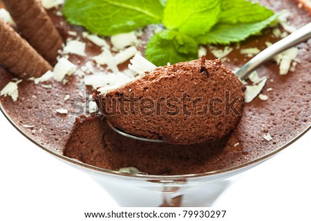 Chocolate mousse dessert on white background