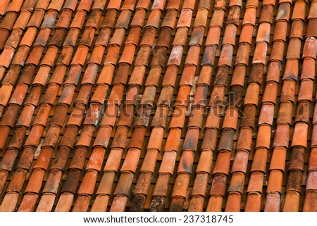 Background of old red roof tiles closeup
