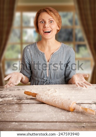 a woman with rolling-pin, bright emotional portrait