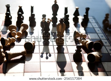 the chess pieces on a table in the park