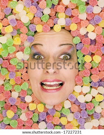 Really happy woman in gum drops