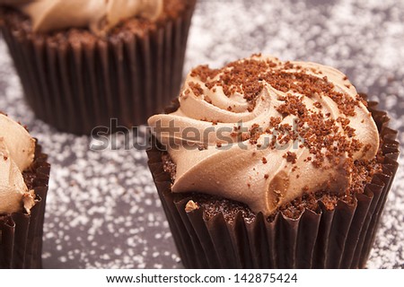 Delicious chocolate cupcakes with chocolate and sparkles on the top and icing sugar around them