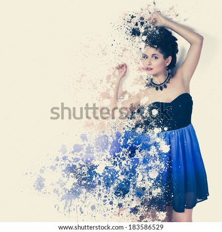 Photo manipulation of young beautiful woman in short dress with paint splatter