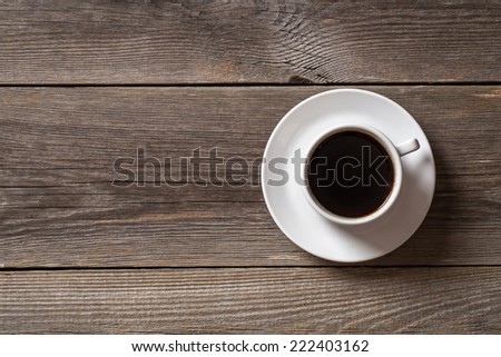 Coffee cup on wooden table. View from top