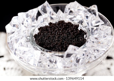 Black caviar served on ice.