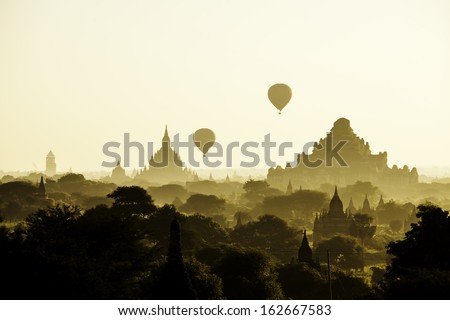 Balloon over pagodas in Bagan Myanmar Balloon over pagodas in Bagan Myanmar