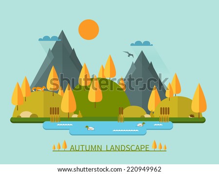 Flat autumn nature landscape illustration. Colorful vector flat icon set: nature, mountains, lake, ducks, sun, trees, fox, eagle, cane, hedgehog, clouds. Vector illustration in trendy flat style.