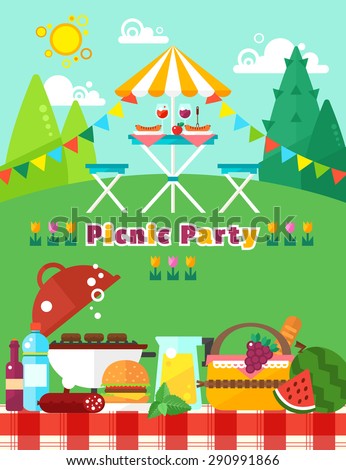 Picnic party landscape in flat trendy style. Vector picnic elements collection: food, fruits, barbecue, hamburger and others. Independence day of America.  Picnic invitation template for your design.