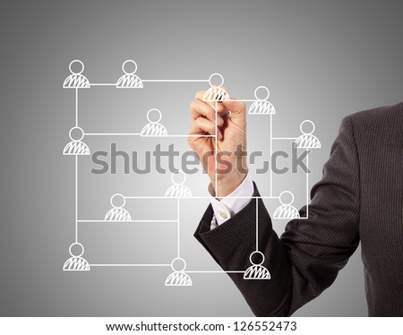 business man drawing social network structure on glass
