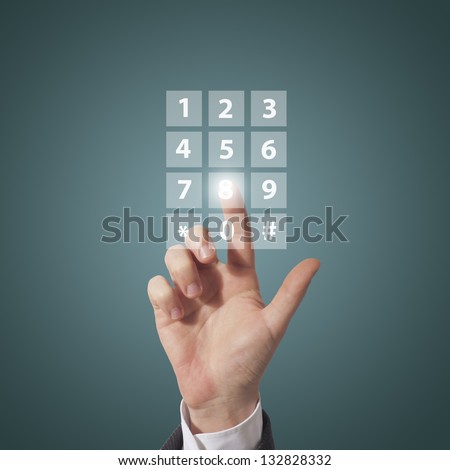 business man compose telephone number on screen, blue background