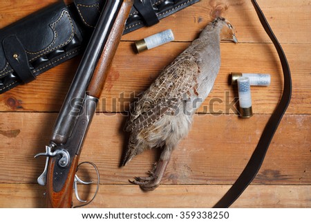 Partridge, gun, bullets and cartridge belt on wooden boards.