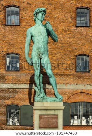 Michelangelo\'s David. The bronze replica near museum in Copenhagen. In the museum the royal collection of molds from the well-known sculptures is located.