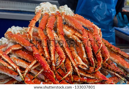 Meat of king crabs in Bergen fish market, Norway.