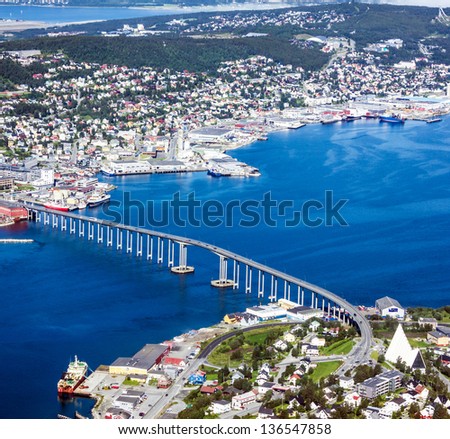 Tromso, NORWAY: Panorama of Norwegian city Tromso in Norwegian fjords. Tromso is a sea port beyond of Arctic Circle.
