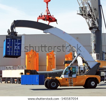 Port equipment. New reach stacker - container loader in the test area of Liebherr crane building factory, Germany