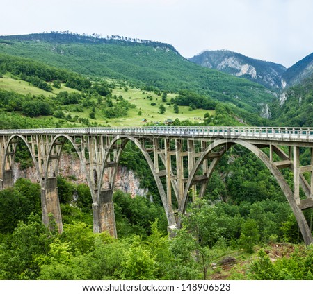 Bridge construction. Durdevica Tara concrete arc bridge in the mountains, North of Montenegro. One of the highest automobile bridges in Europe.