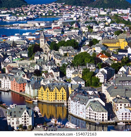 Alesund - panoramic view on European town houses, Norway.