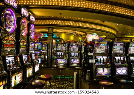 Gaming Slot Machines In American Gambling Casino In The Cruise Liner Vision Of The Seas Of Royal Caribbean International, Usa.