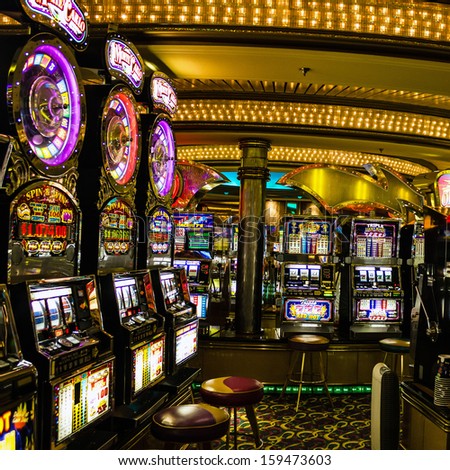 Gaming Slot Machines In American Gambling Casino In The Cruise Liner Vision Of The Seas Of Royal Caribbean International, Usa.