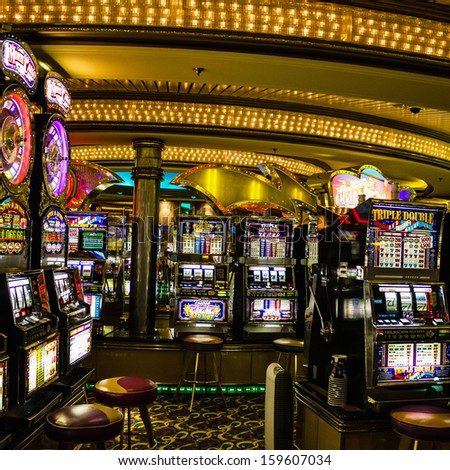 Gaming Slot Machines In American Gambling Casino In The Cruise Liner Of Royal Caribbean International, Usa