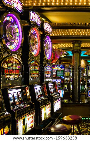 Gaming Slot Machines In American Gambling Casino In The Cruise Liner Of Royal Caribbean International, Usa