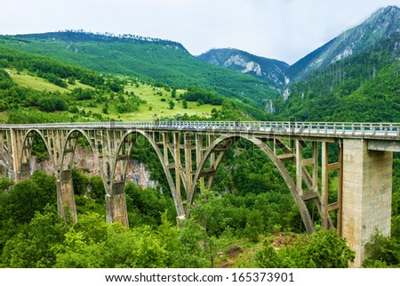 Bridge construction. Durdevica Tara arc bridge in the mountains, North of Montenegro.