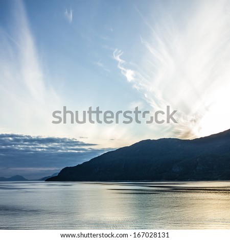Sunset over sea and mountain, Norway fjords