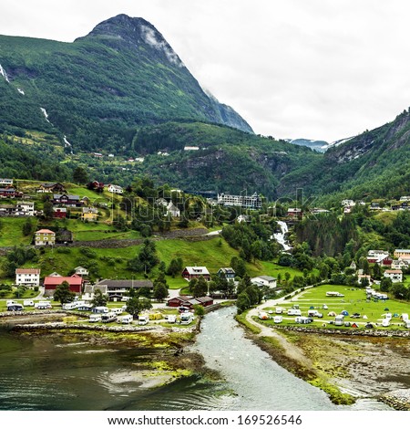 Rural houses in mountain village Geiranger, Norway