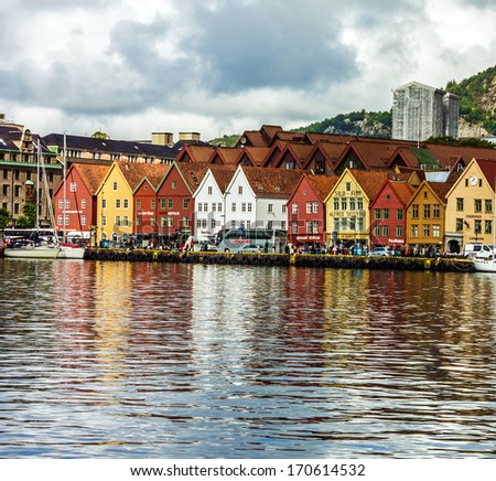 BERGEN, NORWAY: Historical buildings in waterfront Bryggen. Bryggen is entered in the UNESCO list for World Cultural Heritage sites.