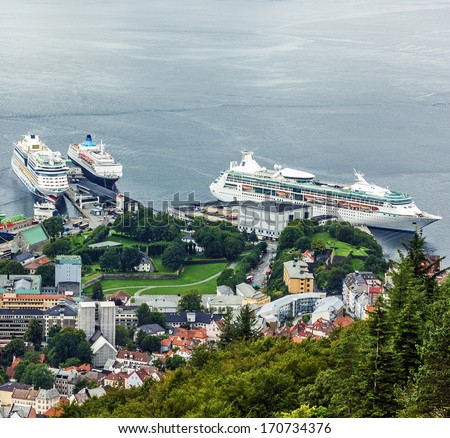 Cruise ships in waterfront of Bergen, Norway. Sea passenger Norwegian port