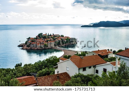 Summer resort landscape, Island of Saint Stephen, Budva, Adriatic sea, Montenegro