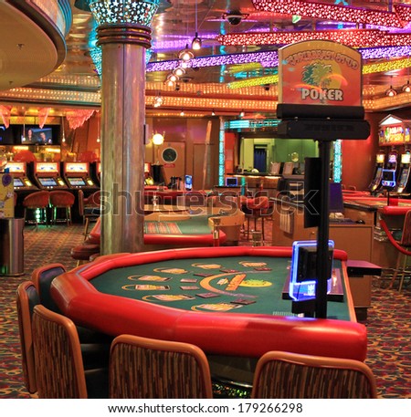 Poker gaming table in American gambling casino