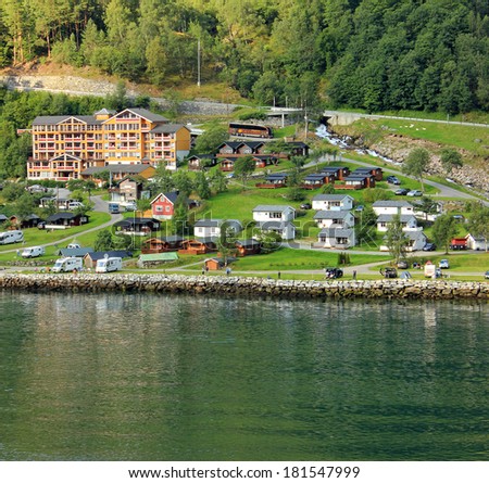 Scandinavian style houses in rural town Geiranger, Norway.
