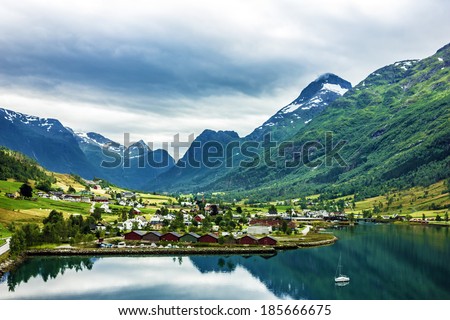 Landscape with mountains in Norwegian village Olden in Norwegian fjords
