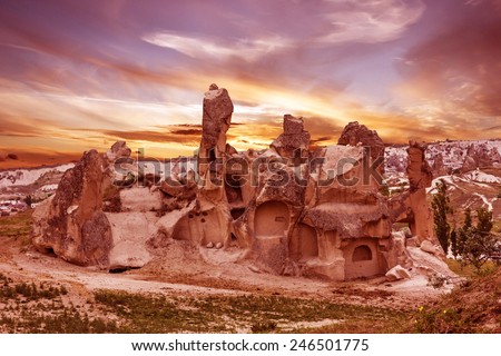 Rock landscape. Cappadocia, Turkey. Sunset - volcanic rock landscape, Goreme national park.