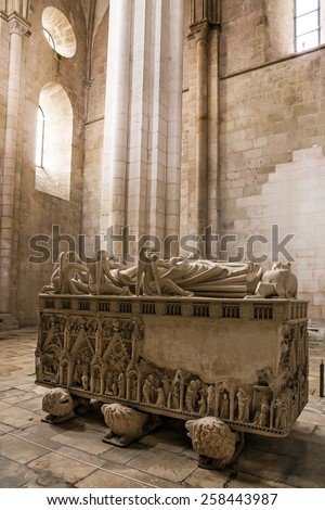 Tomb of King in interior of Alcobaca Dominican medieval monastery, Portugal - great masterpieces of Gothic art. UNESCO World Heritage