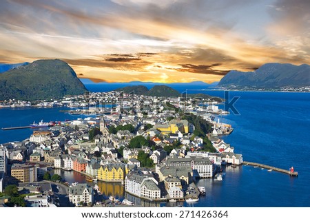 Norway, Alesund town panoramic view, Norwegian fjords.