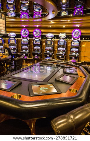 Casino table and gaming slot machines in gambling casino, Cruise liner Splendida, MSC