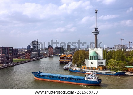 Cargo vessel in port Rotterdam, Netherlands.