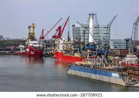 Vessels in sea port Rotterdam, Netherlands.
