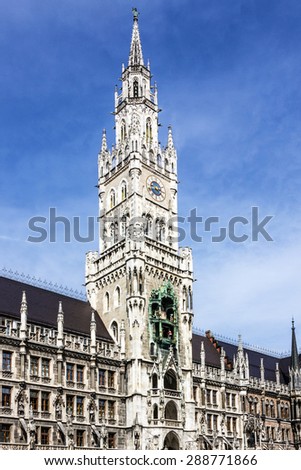 Munich Germany, Town Hall building, Marienplatz, clock tower