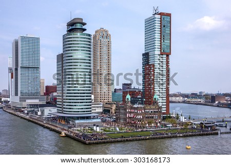 Seafront modern port Rotterdam buildings, Netherlands.