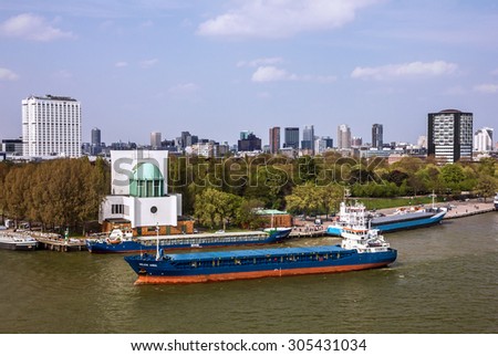 Tanker vessel sailing, port Rotterdam, Netherlands