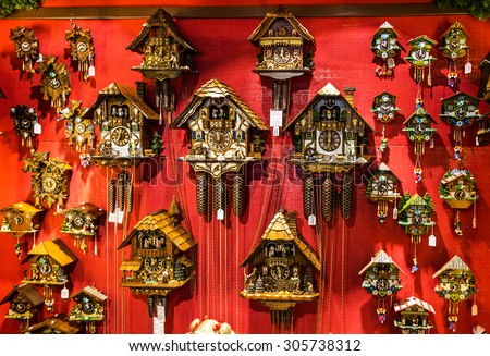 Vintage wooden cuckoo clocks in shop Munich, Germany