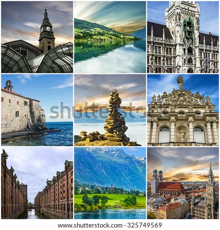 Travel collage. European landmarks. Germany, Norway, Montenegro