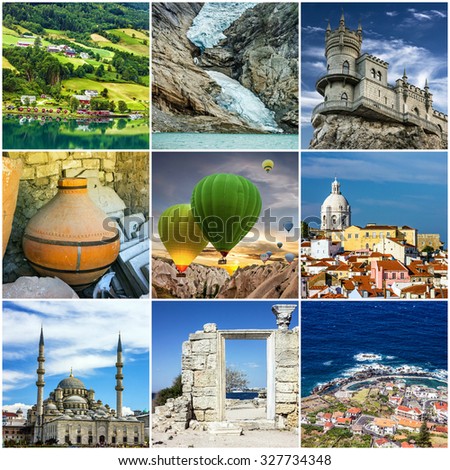 Travel collage. European landmarks. Norway, Turkey, Crimea, Greece, Madeira, Portugal