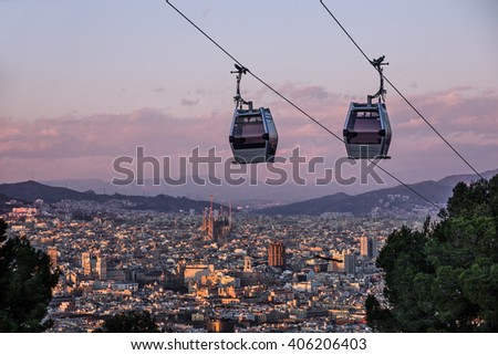 Barcelona city view, Spain. Cable car, Teleferic de Montjuic