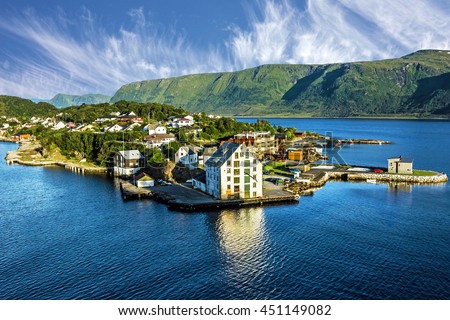 Alesund, Norway. Sea view on houses on the island in summer, Norwegian fjords landscape, travel background
