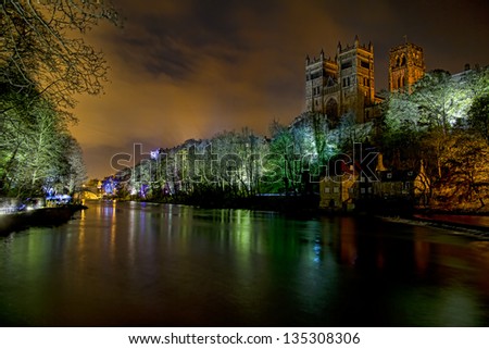Durham Cathedral Lumiere - An image of Durham Cathedral and the reflections in the river Wear below,during the Lumiere.